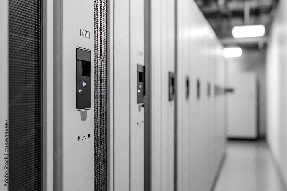 Fototapete A row of server racks in a data center, with a focus on the access panel and security features.