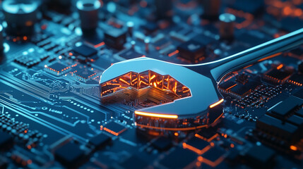 A close-up view of a wrench on a circuit board showcasing technology and engineering in action