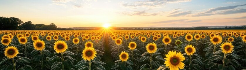 Fototapeta premium Sunflower field concept. Rural sunflower field under vibrant sunrise, expansive view with bright yellow blooms, natural background for summer themes, sunflower field, sunrise landscape