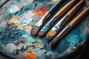 Fototapeta premium Close-up of paintbrushes on a colorful palette.