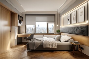 Fototapeta premium Modern bedroom with a city view, a large bed, a desk, and a wooden floor.