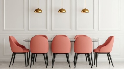 Obraz premium Modern Dining Room Interior Coral Chairs Gold Lights White Walls