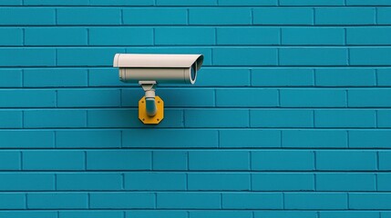 Security Camera on Teal Brick Wall Surveillance Safety Technology