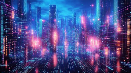 Fototapeta premium A futuristic cityscape with neon lights and holographic digital art, representing the era of new technology in urban development