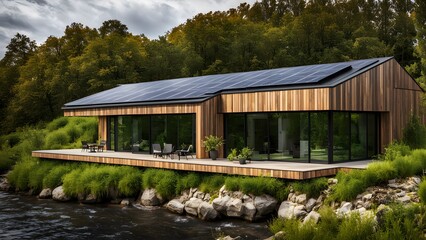 Obraz premium Eco friendly modern home with solar panels green roof and large windows, AI Generated