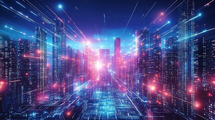 Fototapeta premium A futuristic cityscape with neon lights and holographic digital art, representing the era of new technology in urban development