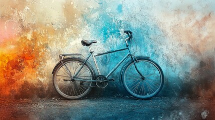 Obraz premium Vintage Bicycle Against Vibrant Abstract Background with Orange and Blue Splashes Highlighting Unique Urban Artistic Style