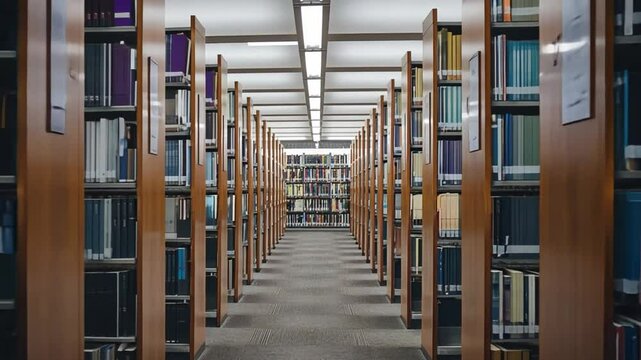 A library aisle is filled with colorful books on tall wooden shelves. The carpeted aisle leads to more shelves, lit with fluorescent lights. The atmosphere is calm.