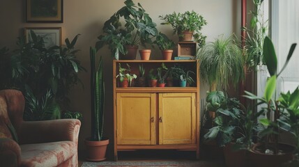 Illustration of a beautiful, retro style home interior space with vintage style cupboards and elegant gold accessories, lots of plants in stylish pots. Ai generated image