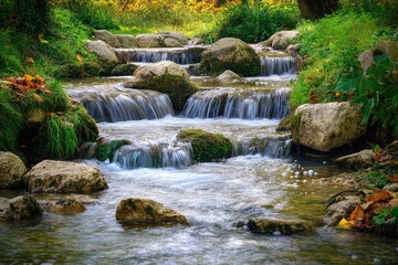 Fototapeta premium A Tranquil Stream Cascading Through Moss-Covered Rocks