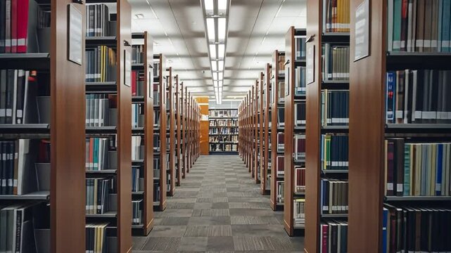 A library aisle is filled with colorful books on tall wooden shelves. The carpeted aisle leads to more shelves, lit with fluorescent lights. The atmosphere is calm.