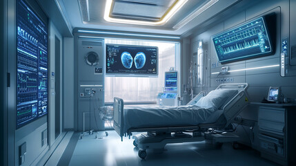 Modern hospital room equipped with advanced medical technology and monitoring systems