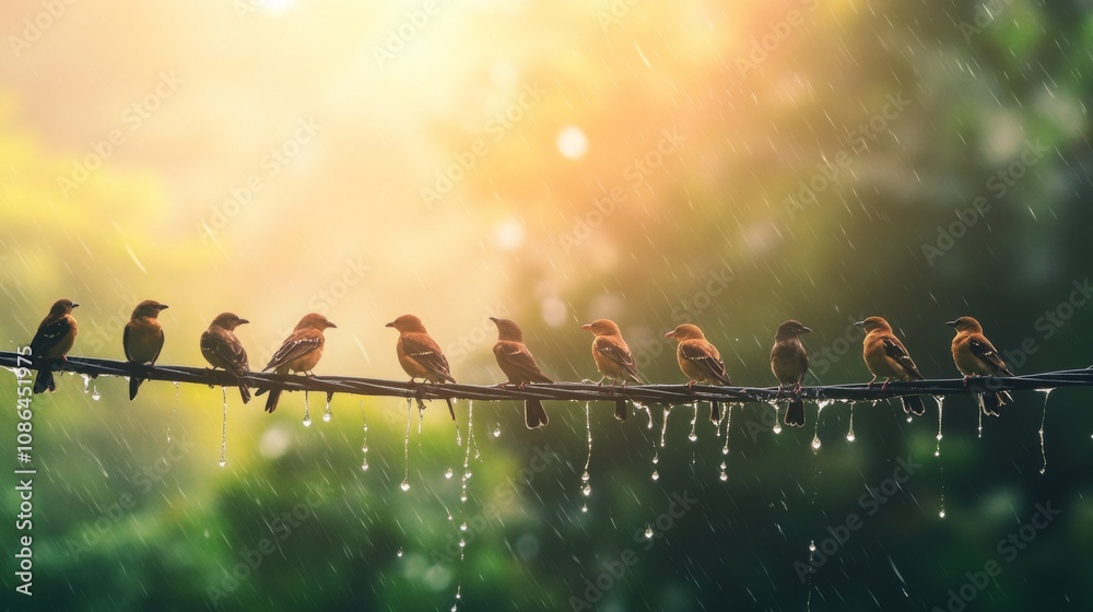 Poster group of colorful birds perched on a wire in rain, glowing background with soft light and misty appe