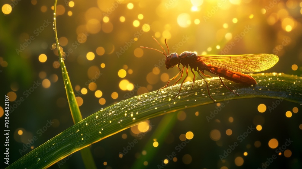 Poster A Stunning Macro Image of an Insect on a Dewy Green Leaf Surrounded by Golden Light and Bokeh Effects, Capturing the Essence of Nature's Beauty and Serenity