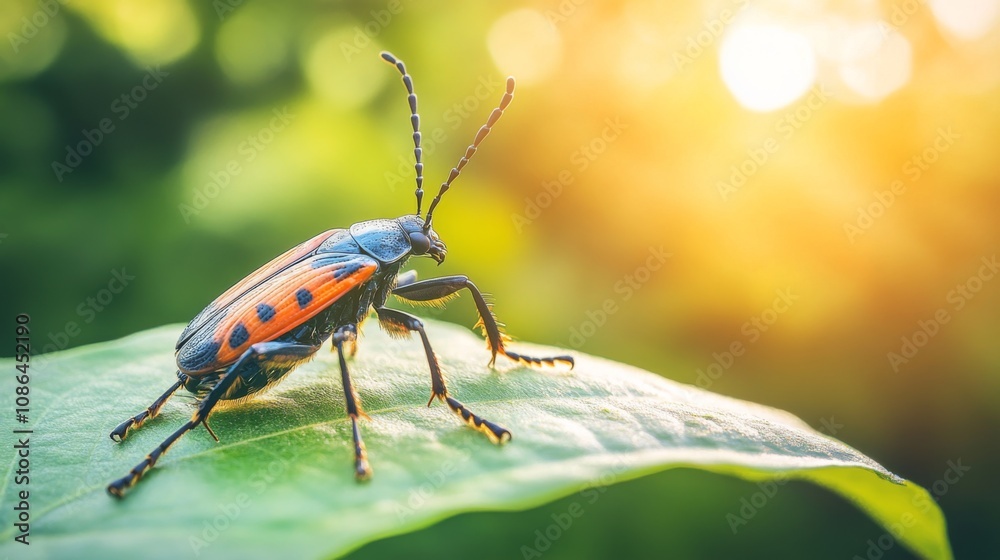 Aufkleber close-up of colorful beetle on leaf with sunlight background highlighting the intricate details and 