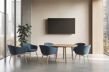 Modern meeting room interior with round table and blue chairs, TV on the wall and windows with city view.