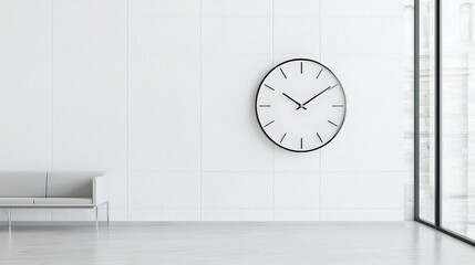 Wall clock in a corporate office environment with sleek furniture, copy space for text, professional business theme, deep depth of field