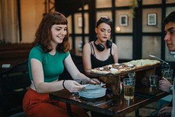 A group of friends share a large pizza at a restaurant, enjoying a casual and cheerful dining experience together. The setting is relaxed and friendly.