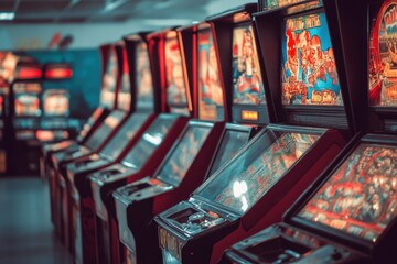 Row of vintage arcade game machines.