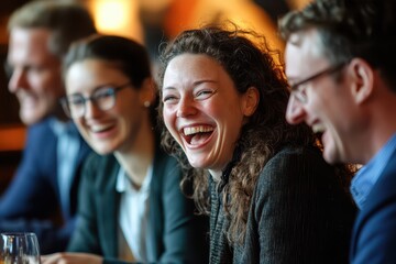 Fototapeta premium Professionals laughing together during an icebreaker session, team bonding, relaxed networking