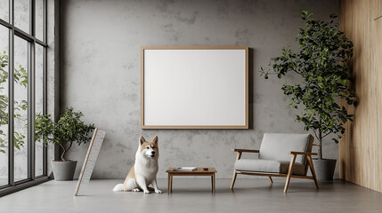 cozy interior with Siberian Husky, modern furniture, and plants