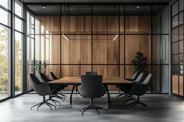 A modern conference room with a large wooden table and black chairs, a glass wall, and a window overlooking a green view.