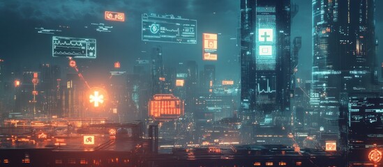 Obraz premium Futuristic cityscape at night with glowing holographic medical data overlays.