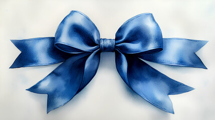A vibrant watercolor depiction of a plush sky blue velvet bow, tied with smooth folds, on a bright white surface