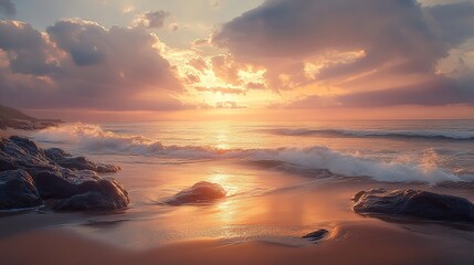 A photograph of a serene beach at sunset, with rocks and waves, a cloudy sky, and warm colors