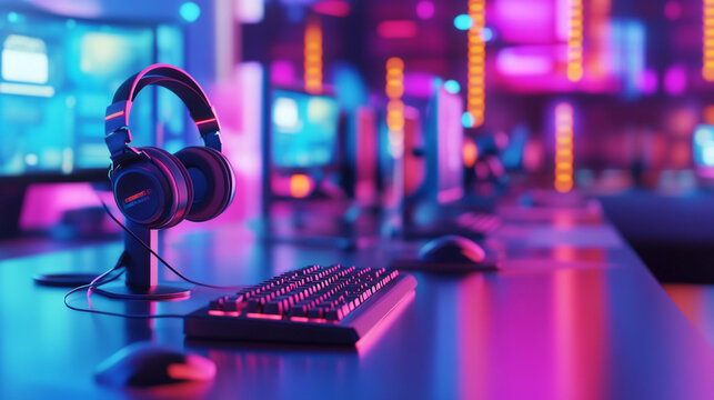 Modern gaming setup with colorful lighting and headset in a lively esports room at night