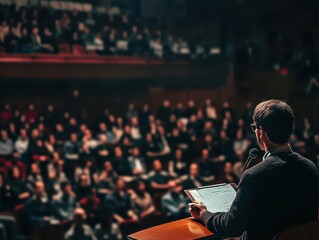 Business leaders giving a powerful presentation to a captivated audience, corporate setting, business seminar, professional group