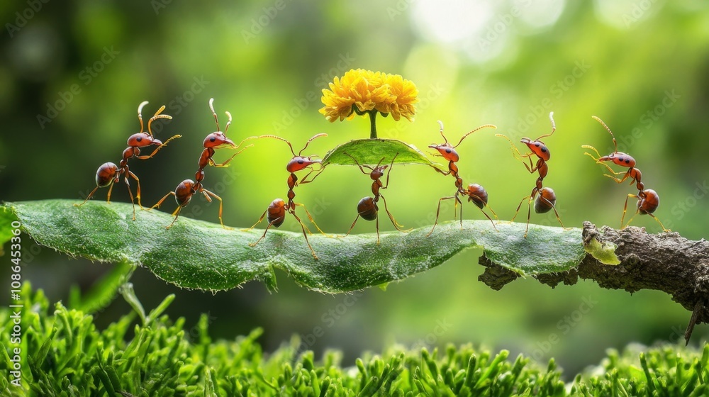 Poster ants collaborating on leaf bridge with yellow flower in lush green background illustrating teamwork 