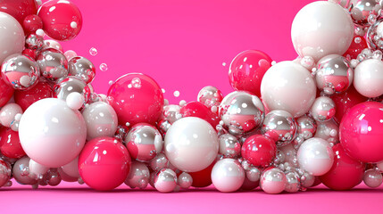 Bright pink, white, and silver spheres create vibrant abstract composition, evoking sense of playfulness and modernity. arrangement of bubbles and spheres adds depth and texture to scene