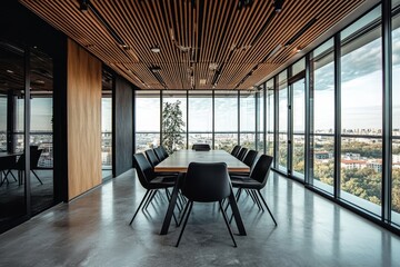 Fototapeta premium Modern conference room with a large window overlooking a city skyline.