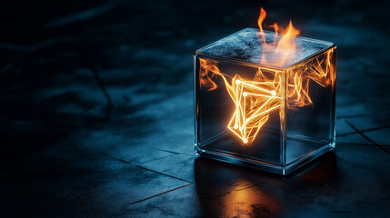 glass cube with flames inside, representing creative idea