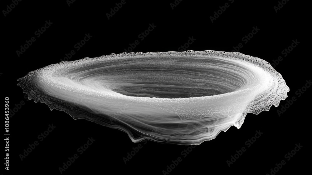 Aufkleber Abstract formation of swirling clouds depicting a vortex structure with smooth flowing lines and varying shades of white and gray against a dark background, conveying motion and depth.