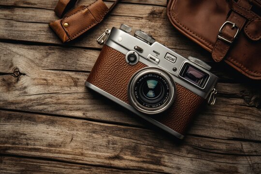 Vintage camera on wooden background.