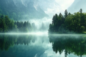 Naklejka premium Tranquil Foggy Lake Surrounded by Lush Green Forest and Majestic Mountains
