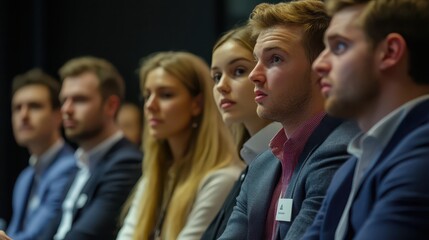 Obraz premium Young business leaders in a panel discussion, audience attentively listening, thought leadership, group expertise