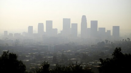 Fototapeta premium Dense Foggy Skyline View of a Modern City with Towering Skyscrapers and Urban Landscape in Soft Focus, Capturing the Essence of Urban Life and Air Quality Challenges