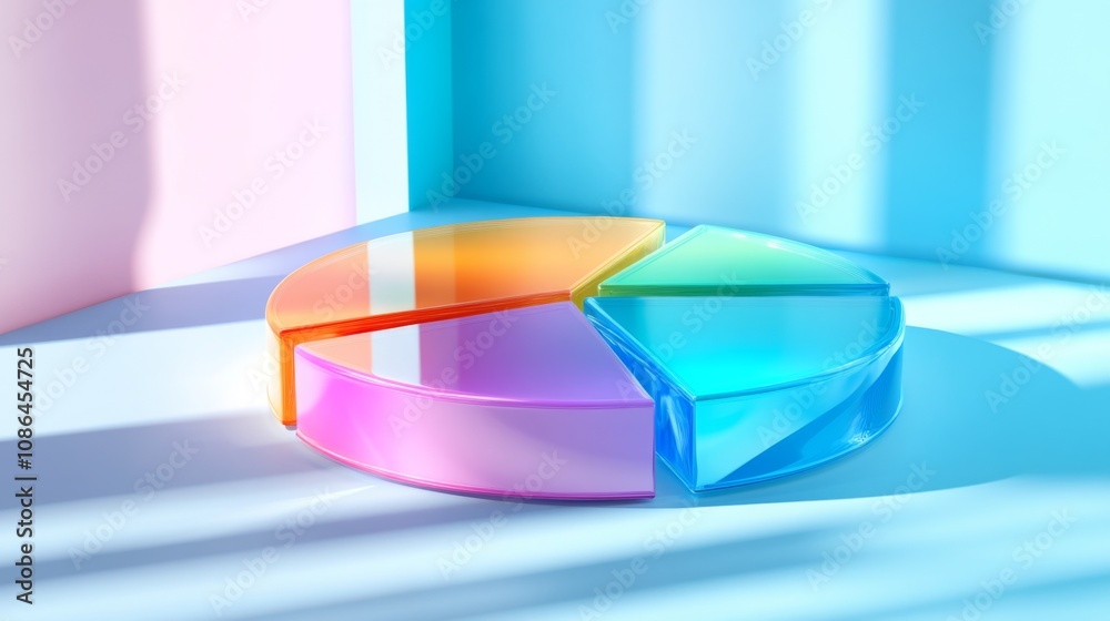 Aufkleber Colorful Transparent Pie Chart on a Bright Surface with Playful Shadows Illustrating Data Visualization and Modern Design Concepts in Soft Light