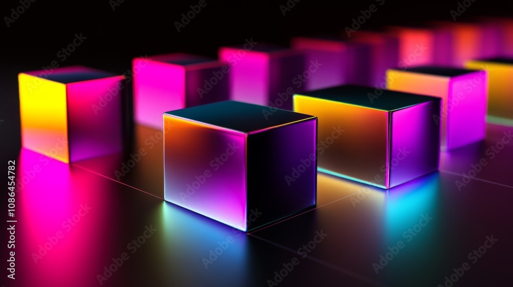 Poster vibrant neon cubes glowing in a dark space with colorful reflections and a futuristic aesthetic, evo