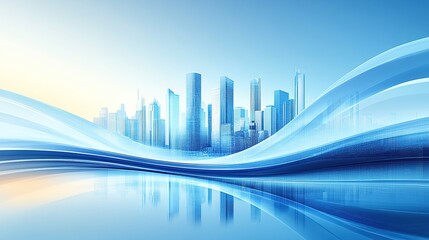 Fototapeta premium Blue background, technology city skyline, white waves and curves, gradient light blue color scheme, simple style, flat composition
