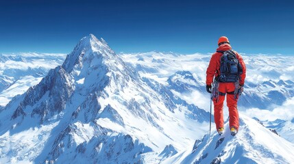 A climber stands atop a snowy mountain peak, enjoying the view.