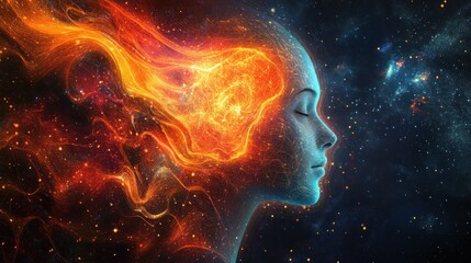 Fototapeta premium Here's a and keyword list for your image.. Serene cosmic woman engulfed in fiery nebula.