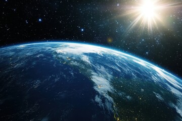A beautiful view of the Earth from space, showing the sunrise over a blue planet.