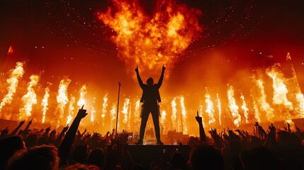 A silhouette of a performer on stage with their arms raised in the air in front of a crowd as fire erupts around them.