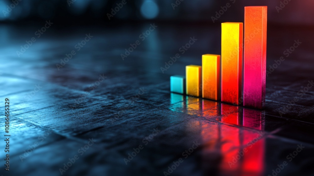 Aufkleber Colorful Histogram Bars on a Reflective Surface Showing Growth Potential in a Modern Business Environment with Dramatic Lighting Effects
