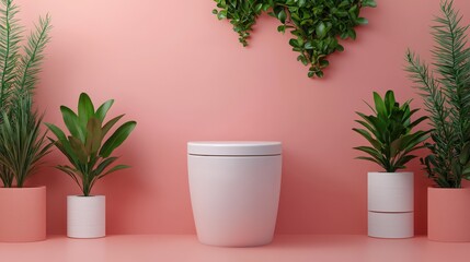 Modern Bathroom Interior Toilet Plants Pink Wall Minimalist Design