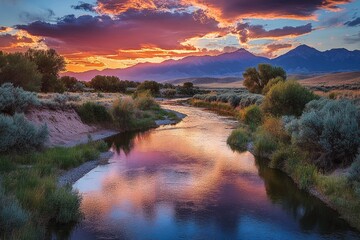 A Calm River Reflects a Dramatic Sunset Over Mountains
